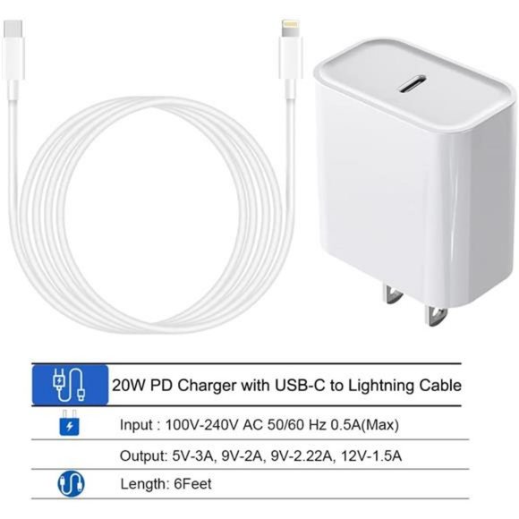 iPhone Fast Charger, 20W USB C Power Wall Charger Plug w/ 6ft Type C for iPhone - Picture 2 of 7